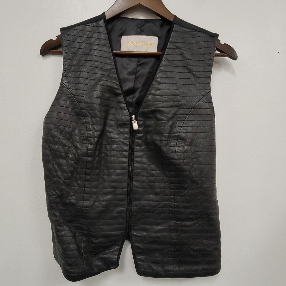 Margaret Godfrey Womens Zip Up V Neck Fitted Leather Vest Size M Black Grunge